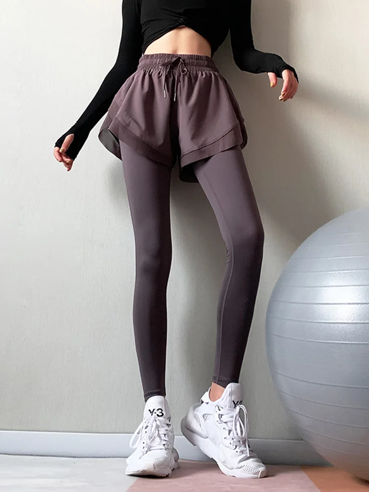 

WILK fake two piece fitness pants since waist stretch tight running divided skirts quick-drying sweatpants yoga render pants
