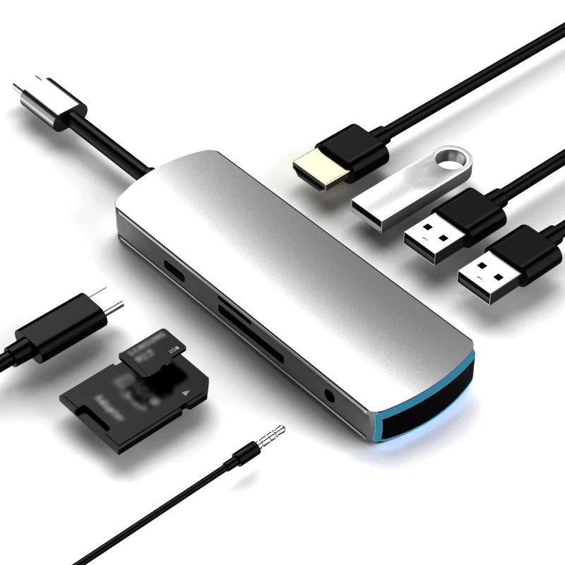 USB C концентратор адаптер 8 в 1 с 3 портами 0 и SD/TF кардридер o Jack PD Быстрая зарядка для