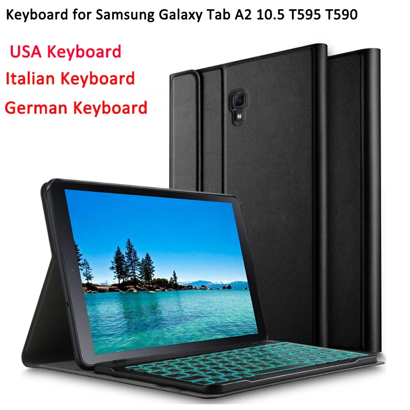 2 в 1, беспроводная итальянская/немецкая клавиатура для samsung Galaxy Tab A2 10,5 T595 T590, планшет с подсветкой, Bluetooth, Клавиатура США, чехол
