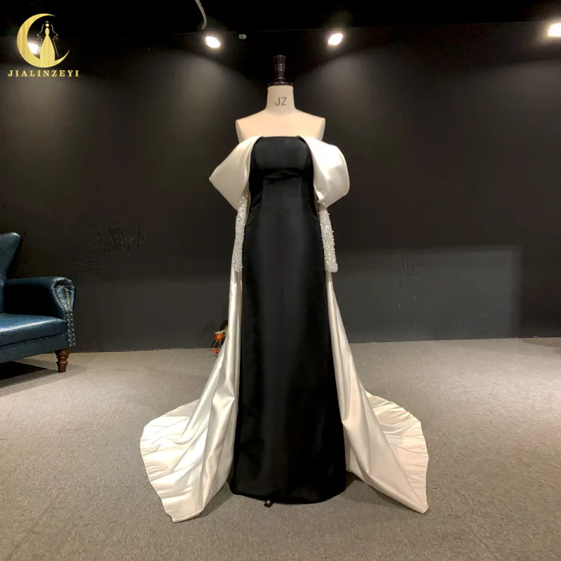 

Женское атласное платье-русалка, черно-белое длинное вечернее платье без бретелек с рукавами-фонариками, 2369