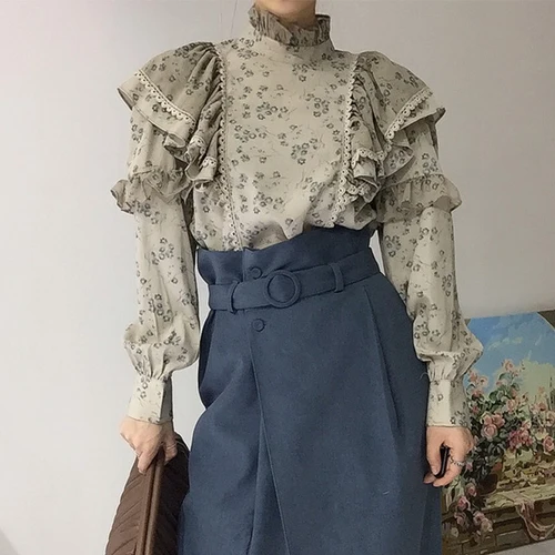 

Blouses Lace Patchwork Tops Blusas Mujer De Moda 2021 Blouse Women Korean Chic Vintage Shirt Floral Stand Neck Ruffles