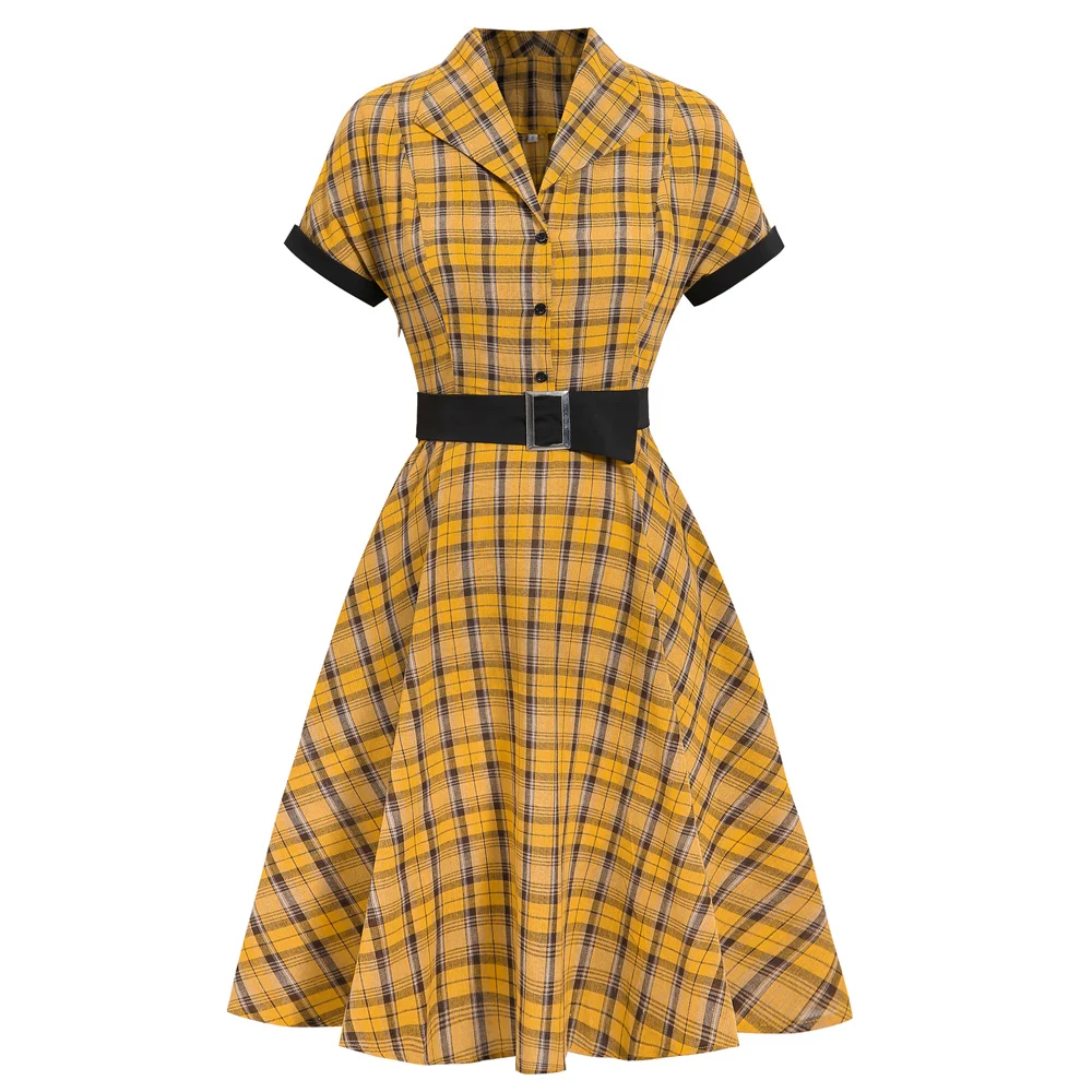 SISHION Повседневные платья для женщин короткий рукав желтое платье в клетку VD1331 2020