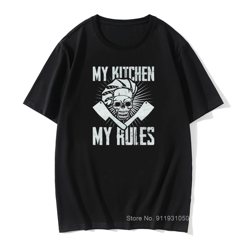 

100% Cotton Men's T Shirt My Kitchen My Rules Chef Tshirt Vintage Design Male T-shirt Skull Tees Funny Cooker Clothes Black Tops