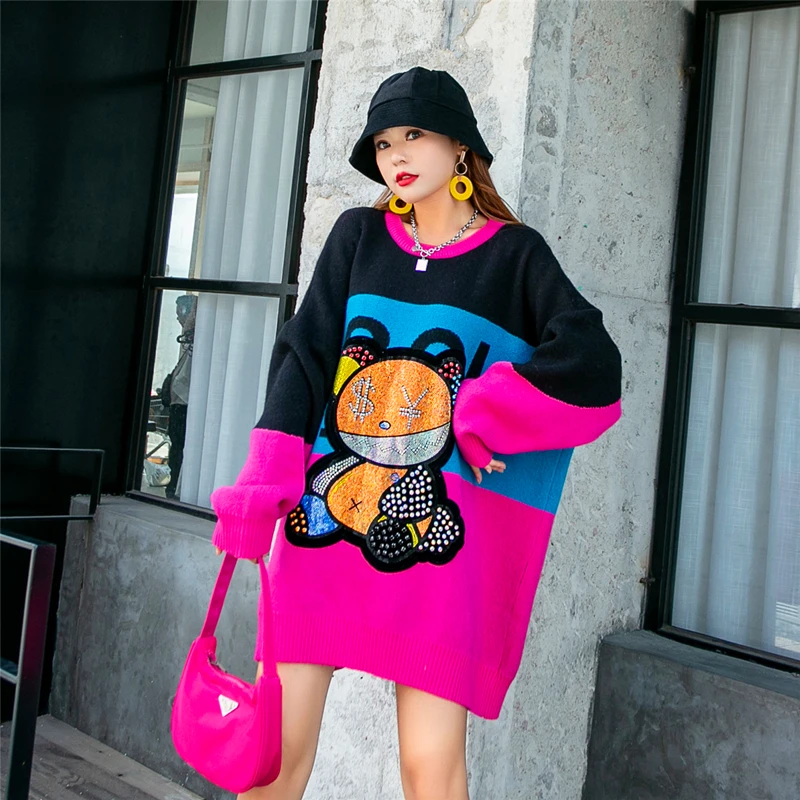 Горячая Распродажа Весна 2022 женский свитер с принтом медведя Стразы цветной в