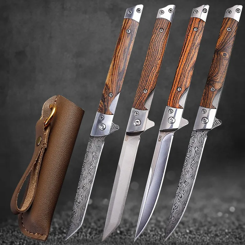 

Damascus folding knife sandalwood handle portable high hardness sharp knife outdoor fruit knife folding knife with knife cover