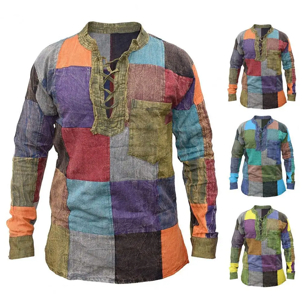 

Men Shirt Patchwork Lace Up Vintage Colorful Long Sleeve Autumn Top for Daily Wear