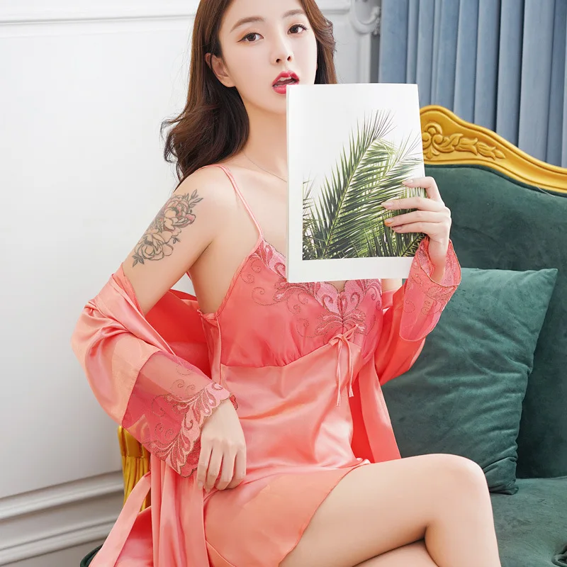 

Satin Robe Female Silky Bridal Wedding Gift Casual Kimono Bathrobe Gown Nightgown Sexy Nightwear Intimate Lingerie Sleepwear Set
