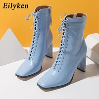 eilyken 2022 new high quality soft pu leather women ankle boots fashion cross lace up zip square heels ladies party shoes pumps