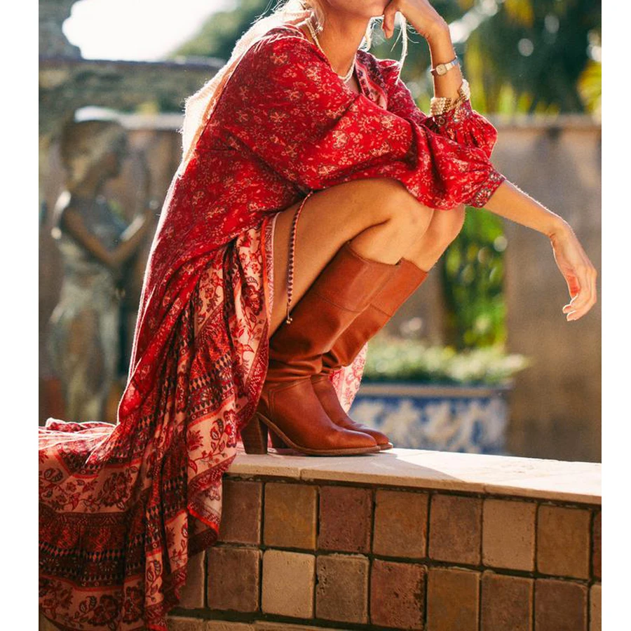 Красное богемное платье TEELYNN с цветочным принтом длинное v образным вырезом и