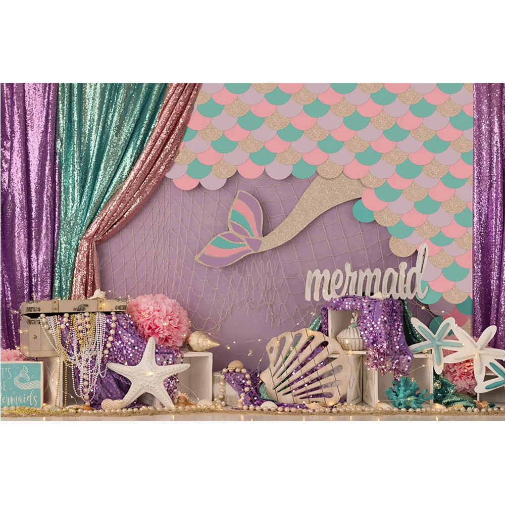 

Mermaid Cake Smash Background Photography Purple Under the Sea Princess Portrait Backdrop Birthday Cake Table Photocall Props