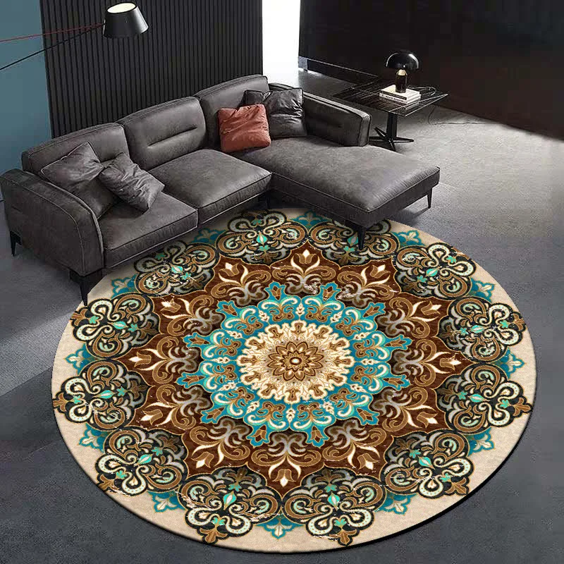 

Coral Velvet Computer Chair Floor Mat Mandala Printed Round Carpet for Children Bedroom Play Tent Area Rug Round Blue