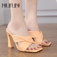 niufuni 2022 new summer design weave square toe heels high quality slippers sandals gladiator shoes beach womens slippers pumps