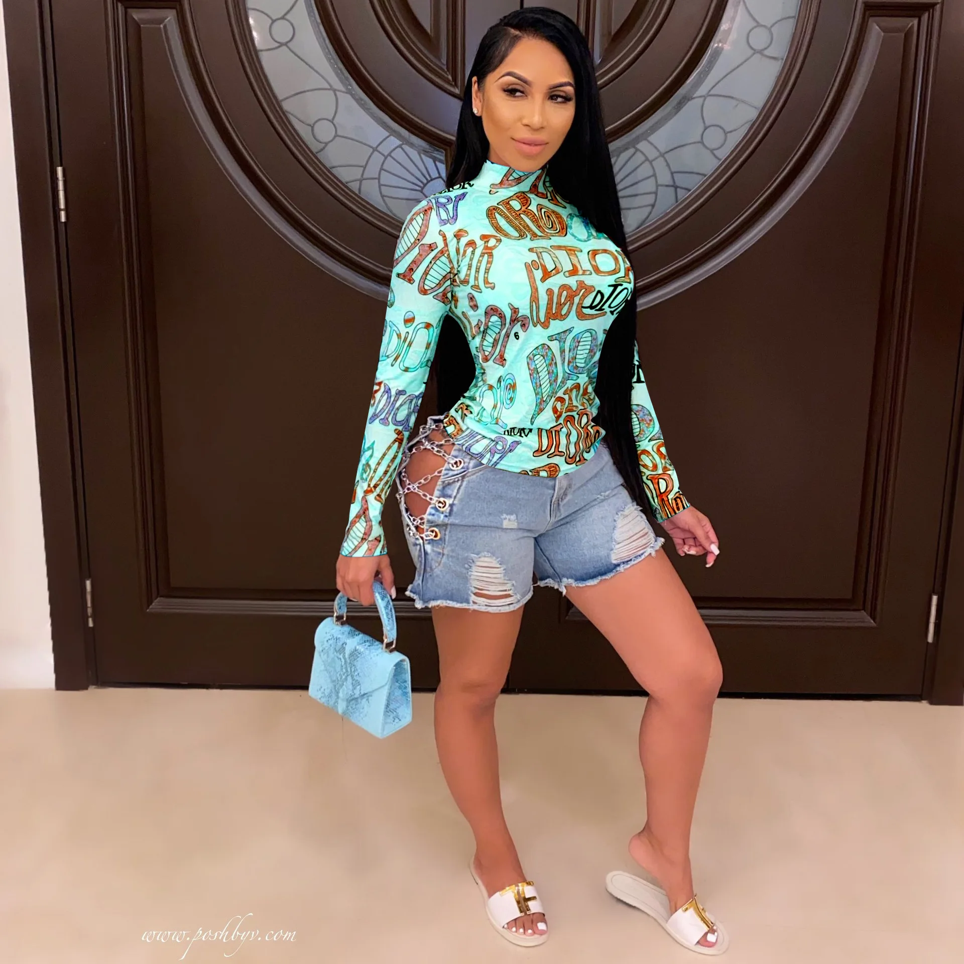 

Fashion Women Letter Print High Collar Sexy Slim Nightclub Party Slim Waist Tops Bandage Bodycon Long Sleeve T-shirts Tee