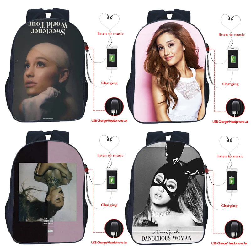 

Женский рюкзак Ariana Grande с USB-зарядкой, школьные ранцы для девочек-подростков, дорожные женские сумки для ноутбука