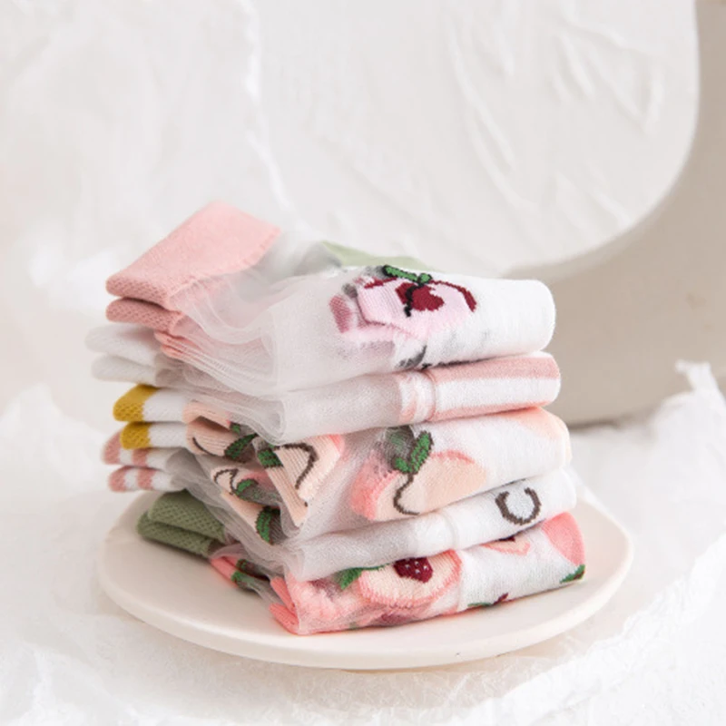 

Women's Ultra-thin Transparent Glass Silk Breathable Socks Summer New Embroidery Fruit Pattern Socks Sweet and Cute Short Socks