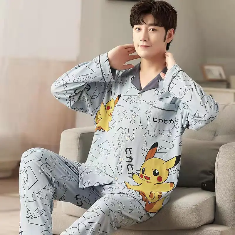 Mens Autumn Winter Pijamas Anime 2 pieces Japan Home Clothing Long Sleeved Cartoon Pajamas Cardigan Gentleman Pajamas Set New