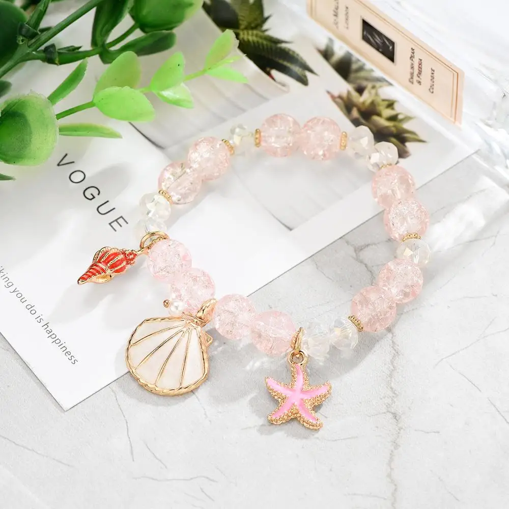 Lovely Glass Beads Stretch Bracelet with Shell Starfish and Conch Charms for Girls | Украшения и аксессуары