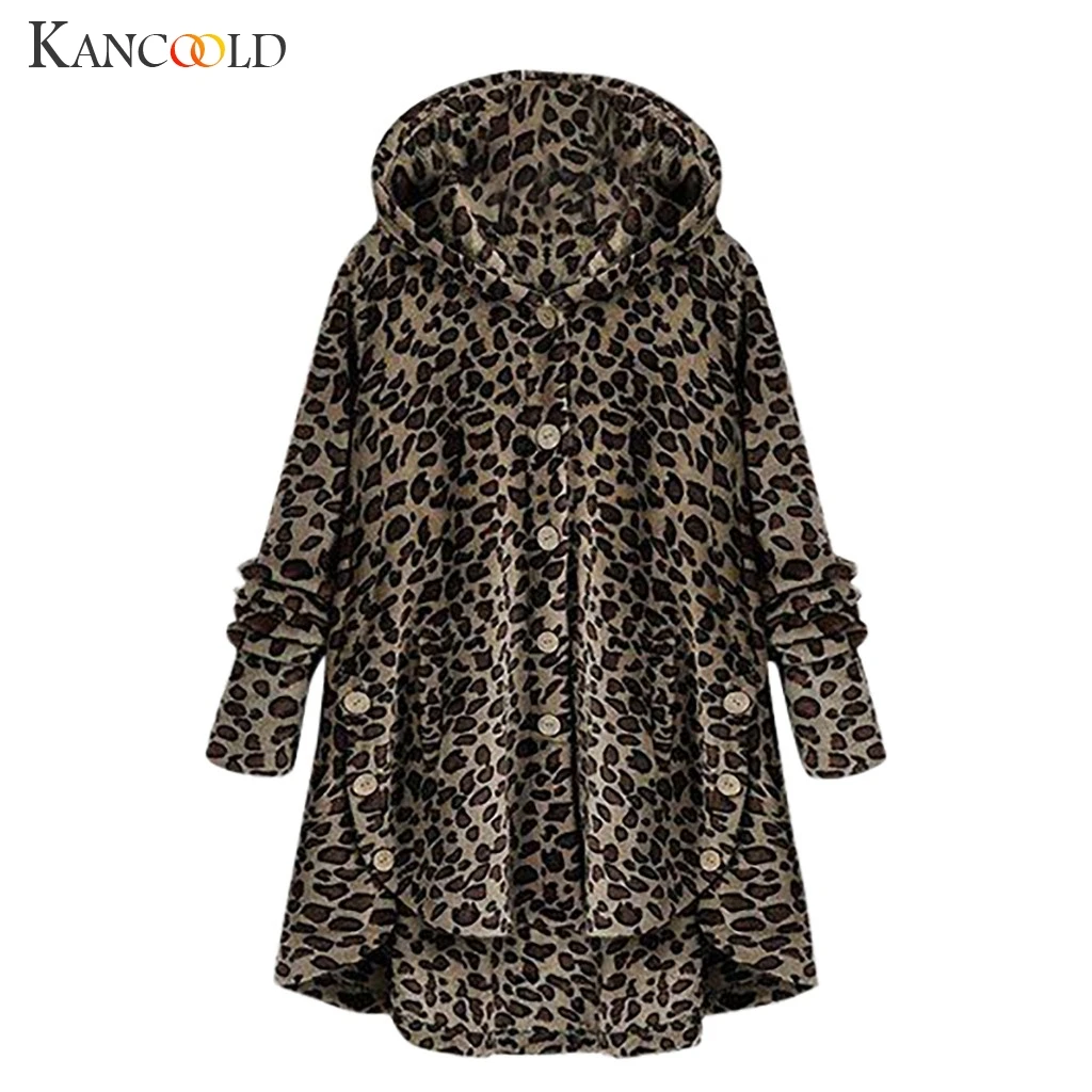 Женская куртка с капюшоном KANCOOLD леопардовая на пуговицах теплая длинным рукавом