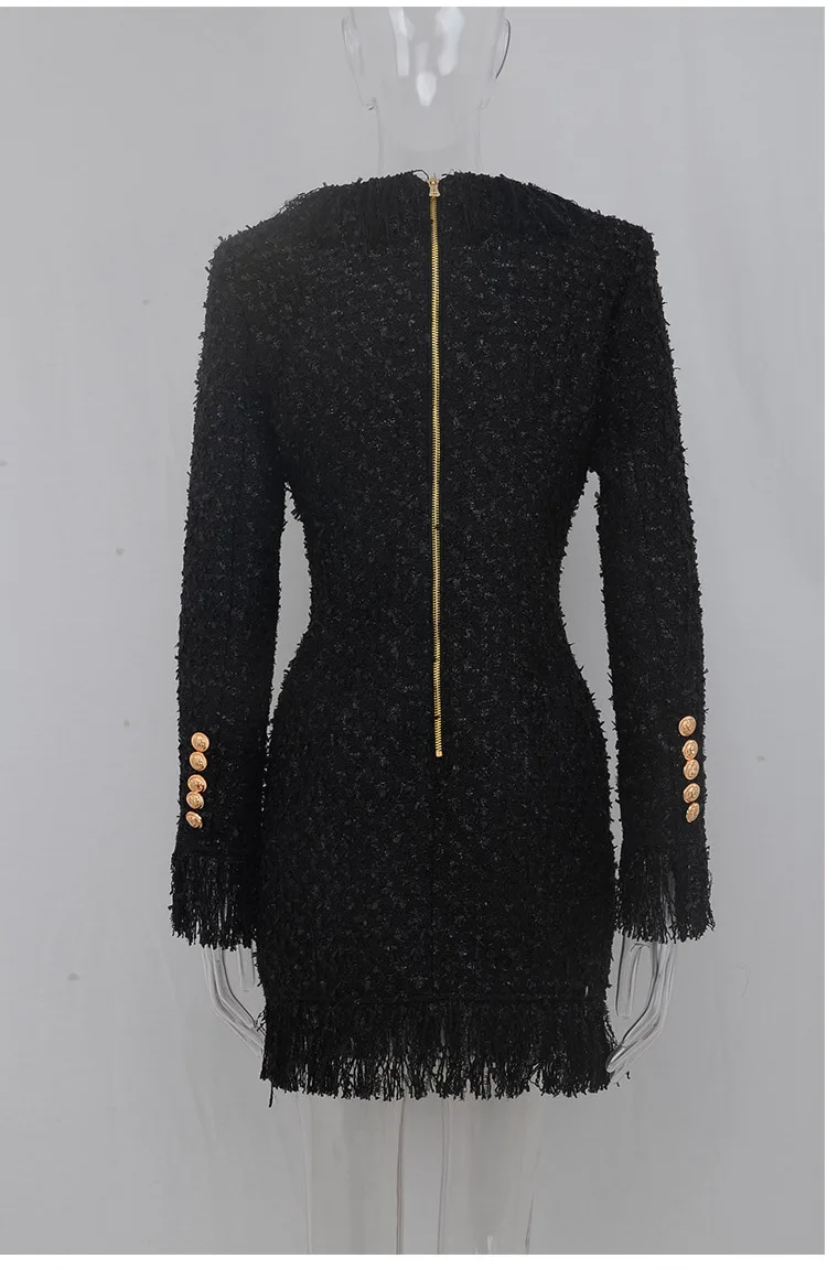Подиумное твидовое платье с кисточками Vestidos женское с v-образным вырезом Золотая кнопка с длинным рукавом шерстяное платье леди сексуальные вечерние зимние платья