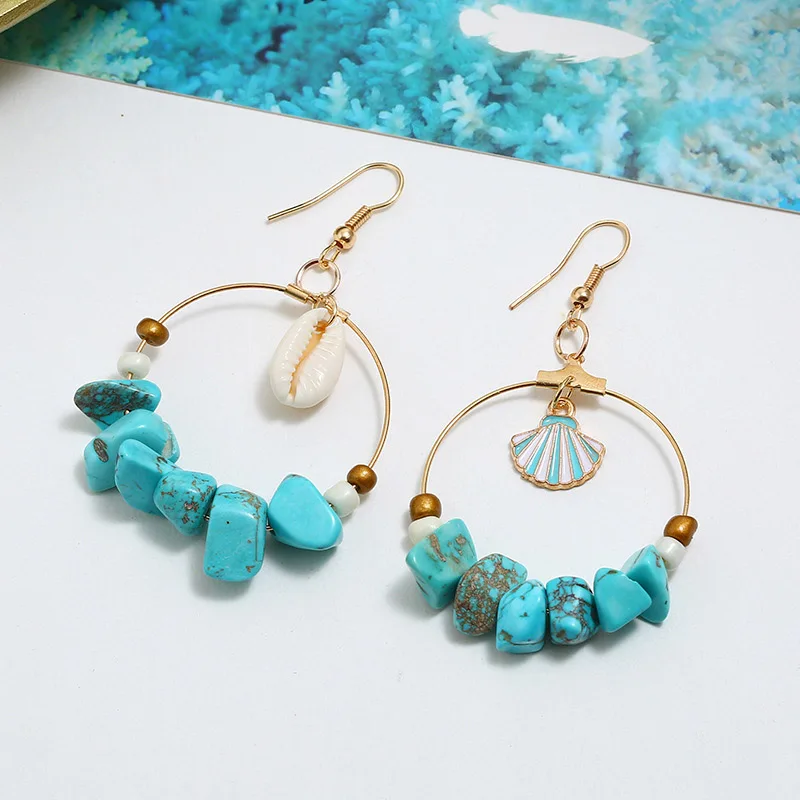 Классические серьги с натуральным цветным камнем в виде ракушек морская звезда