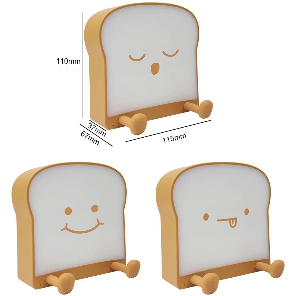 

LED Toast Night Light Cute Cartoon Silicone USB Bedside Bread Lamp with Mobile Phone Holder Birthday Gift for Children Bedroom