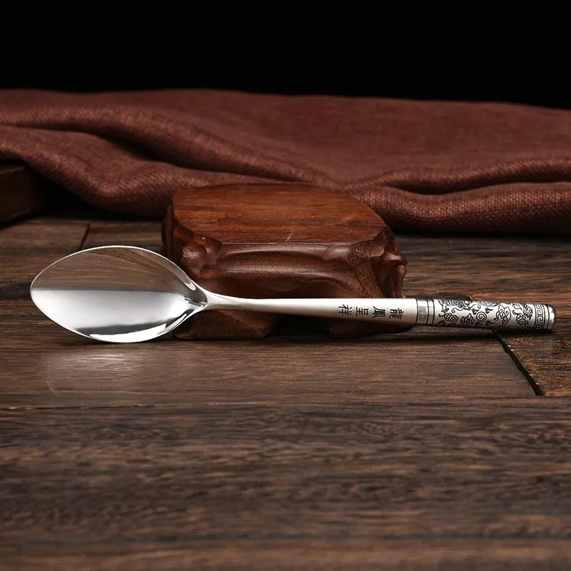

Sterling silver round handle spoon handmade pure silver 999 carved western food spoon home student silver spoon