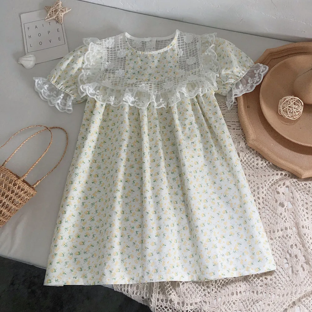 

Hollead 1-7 Years Summer Girl Princess Dresses Cotton Printing Hollow Lace Dresses Kids Costume Girls Children Casual Clothes