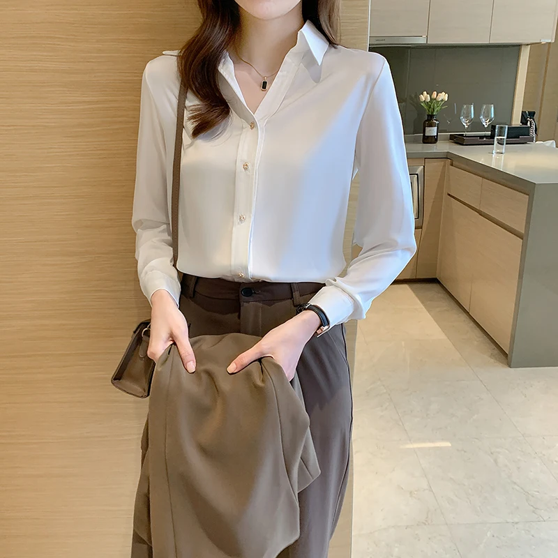

Женская блузка с длинным рукавом, однотонная белая Повседневная рубашка с воротником на пуговицах, весна-осень 2021