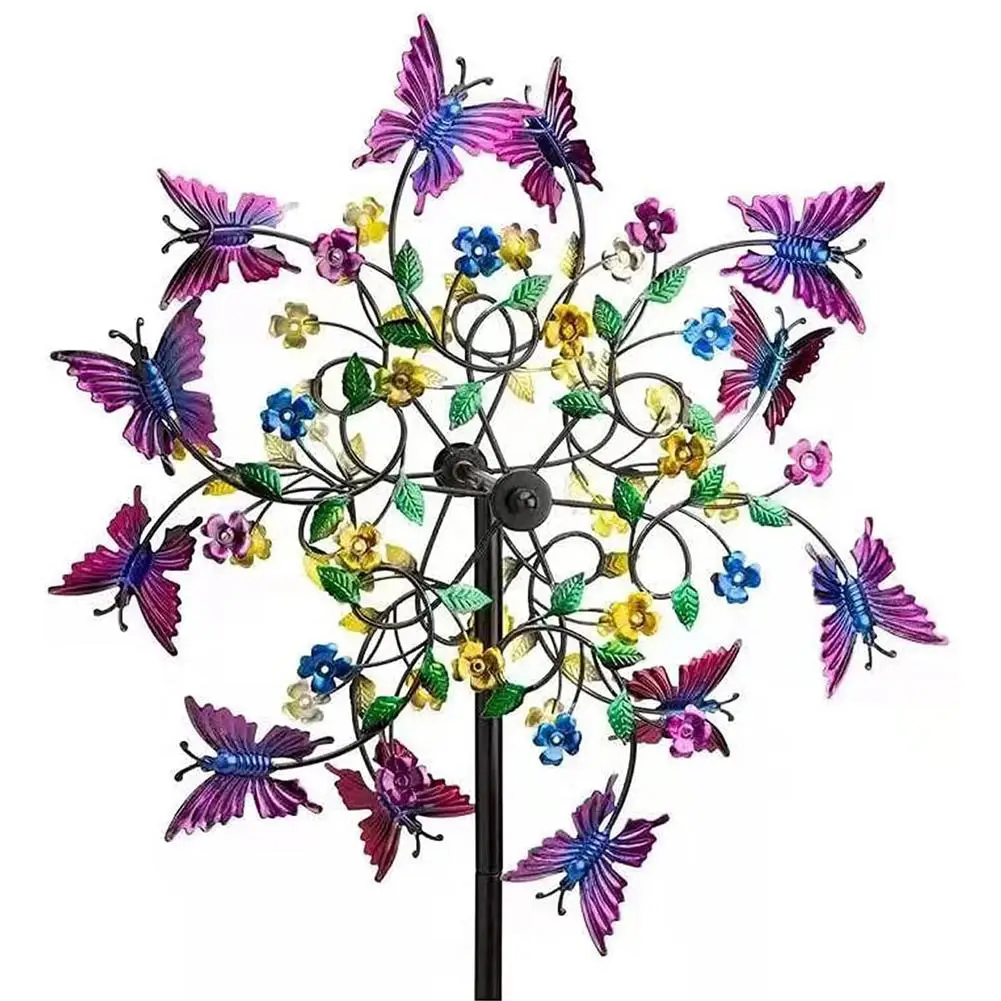 

Colorful Butterfly Garden Wind Spinner Wrought Iron Stakes Patio Rotating Windmill Outdoor Decoration