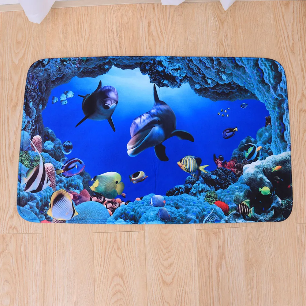 

3pcs Flannel Blue Sea Theme Dolphin Shark Bathroom Mat Set Bathroom Carpet Pedestal Lid Mat Toilet Cover Set