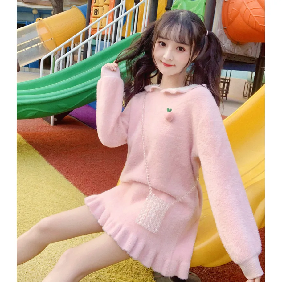 

Autumn New Pink Cute Korea Adorable Girl Knitted wear Kawaii Cartoon Bunny Ears Collar Pullover Women Long Ruffles Hem Sweater