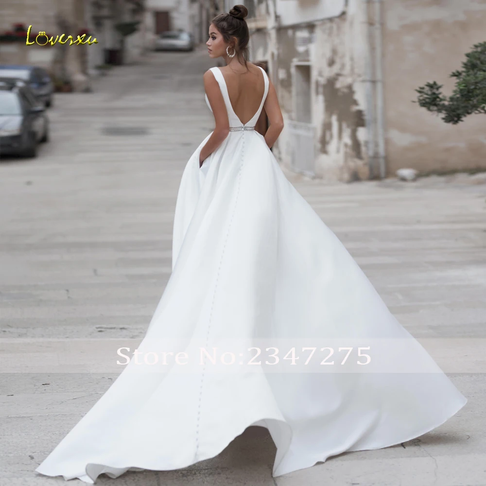

Loverxu Sexy Backless V Neck Soft Satin A Line Wedding Dresses 2019 Luxury Sashes Sweep Train Vintage Bridal Gowns Plus Size