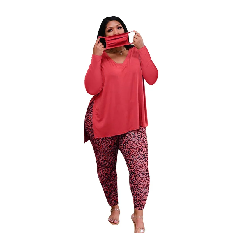 

Plus Size Casual 2 Piece Set Autumn Clothes For Women Solid Long Sleeve Pullover Top Leopard Pants Matching Sets Fashion Outfits