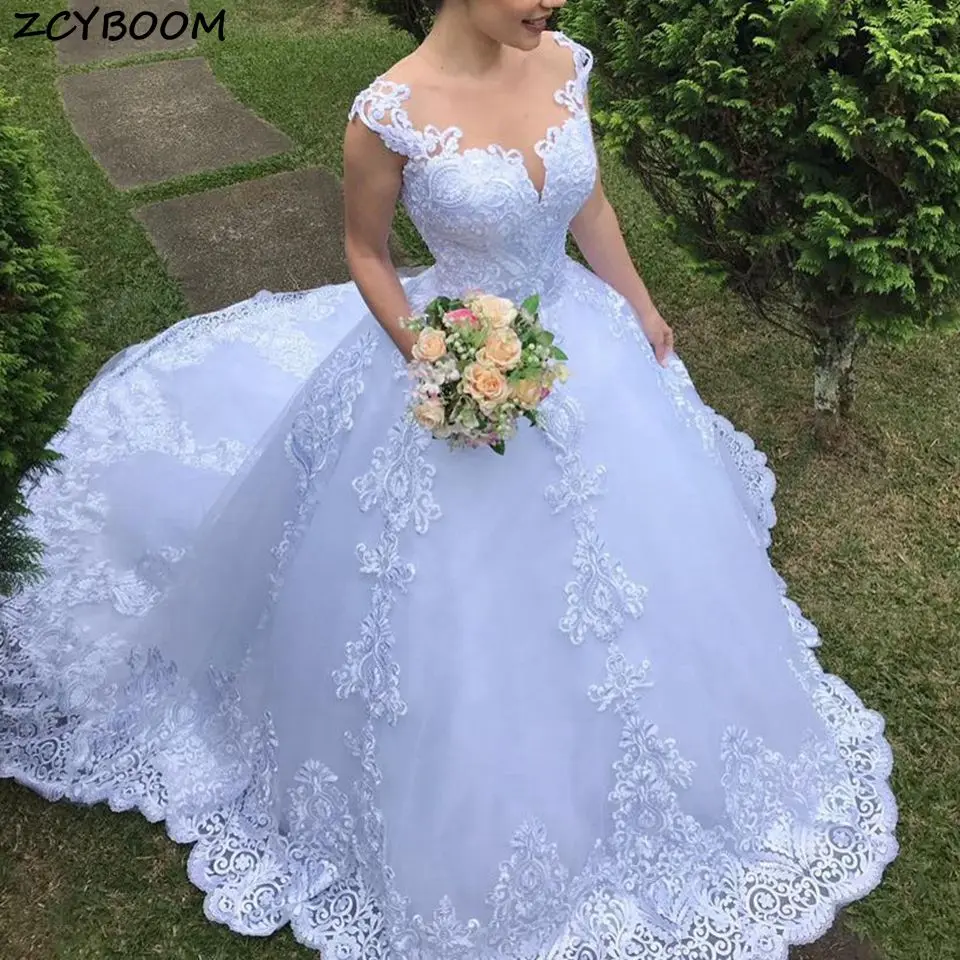 2023 New Illusion White/Ivory Ball Gown Long Wedding Dress Short Sleeves Bride Dresses Princess Tulle Elegant Wedding Gowns