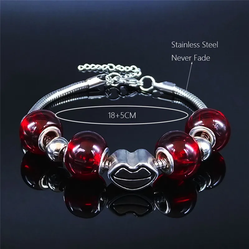

2021 Lips Stainless Steel Glass Bead Charm Bracelets for Women Silver Color Bracelets Jewelry pulseras mujer moda BXS01