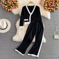 autumn winter womens black knitted suit casual long sleeve cardigan high waist wide leg pants 2 piece set female outfits