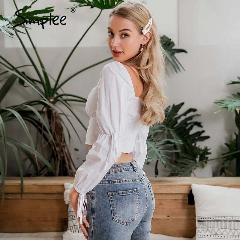 Simplee Vintage elegant white women blouses shirt Casual button blouse twist lace up Spring summer holiday blusas mujer shirts | Женская
