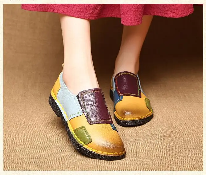 2021 autumn new large size women's shoes color matching retro flat-heeled soft-soled comfortable casual leather shoes middle-age