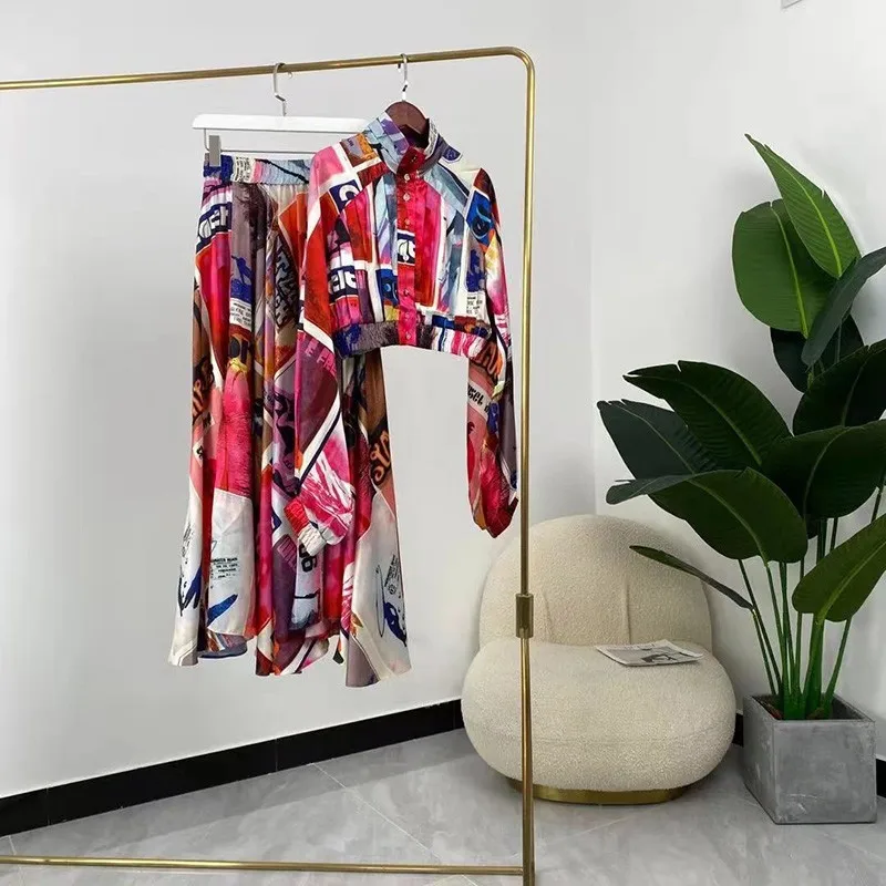 

New Summer Women Fashion Floral Print Long Skirts Suit High Quality Full Sleeve Short Tops Blouse