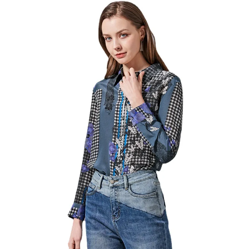 

Women Floral Printed Blouses 100% Silk Crepe Retro Slim Blouse Shirt 2021 Spring Summer Elegant Top