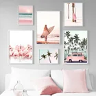 Розовый пляж Фламинго пальмовое дерево доска для серфинга настенная живопись холст скандинавские постеры и принты настенные картинки для декора гостиной