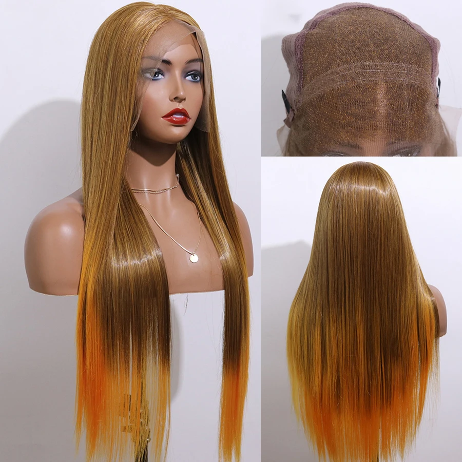 EEWIGS Glueless 13x6 парик фронта шнурка коричневый цвет прямой синтетический парик фронта шнурка блонд Ombre Оранжевый Парики высокая температура волос