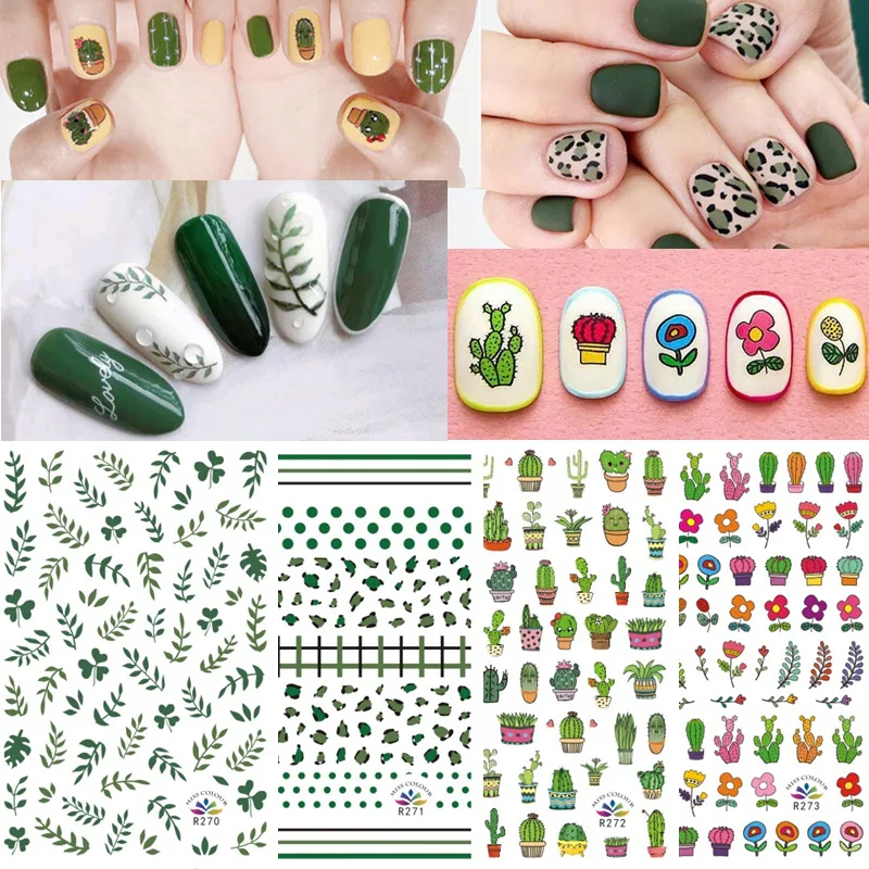 Green Leaf Nail Sticker Cactus Polka Dot Leopard Manicure | Красота и здоровье