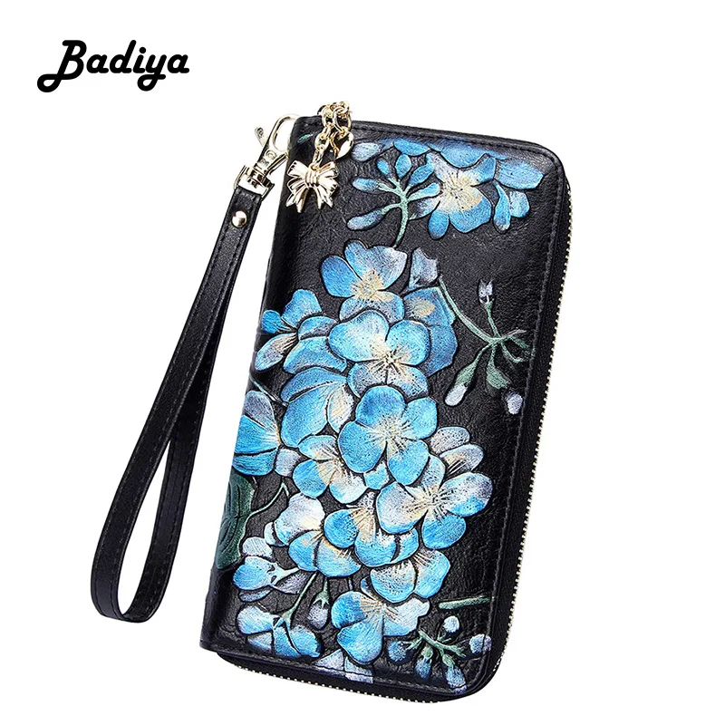 Кошелек из натуральной кожи с вышитым принтом длинный карман на молнии для монет