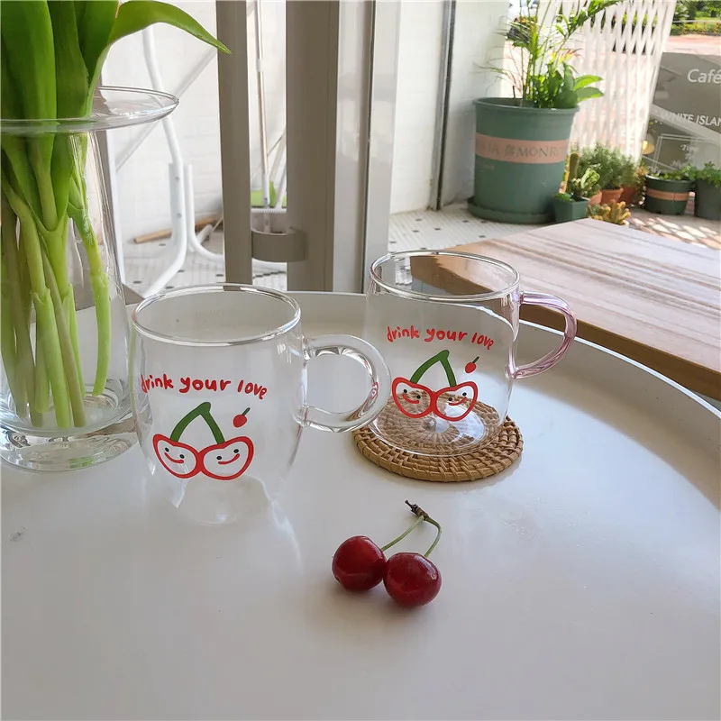 

Mug Cup Coffee Mug Glasses Beer Drinkware Cherry Glass Girly Heart Retro Breakfast Cup With Handle Посуда кружка Ijust очки