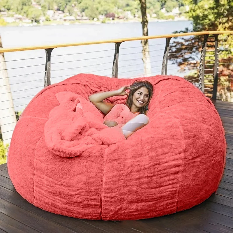 Dropshipping 200cm Giant Fur Bean Bag Cover Big Round Soft Fluffy Faux Fur BeanBag Lazy Sofa Bed Cover Living Room Furniture images - 6