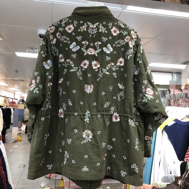 

2020 Spring Autumn New Flower Embroidery String Waist Windbreaker Coat Women Stand Collar Casual Cargo Zipper Jacket Overcoats