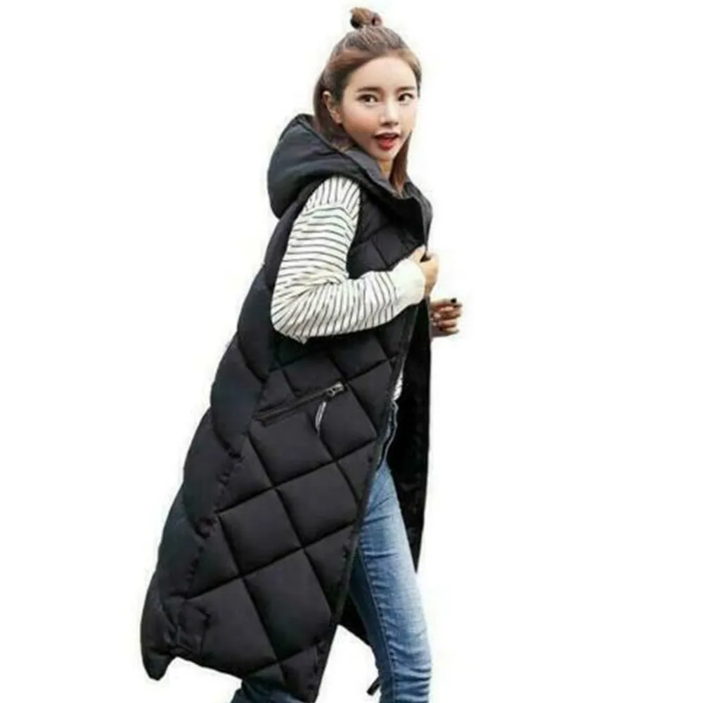 

Damen Winter Jacke Kapuzenweste Baumwolle Steppjacke Knielang lang Weste Mode