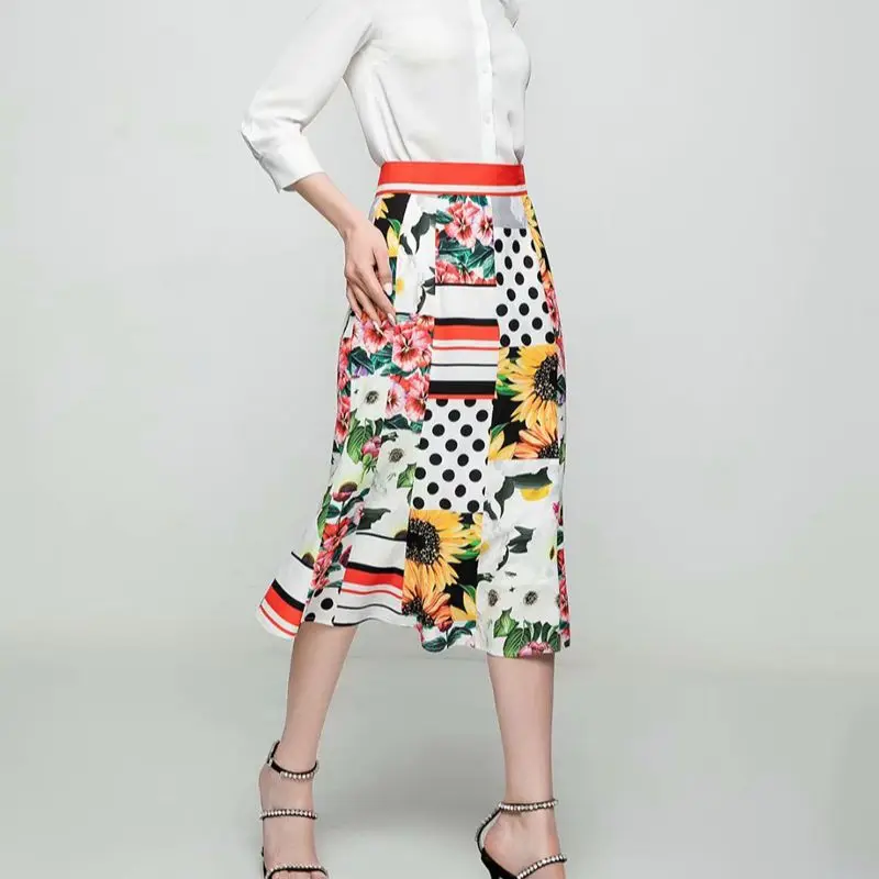 

2021 spring and summer new women's floral mid-length skirt sunflower flower print elastic waist bohemian skirt