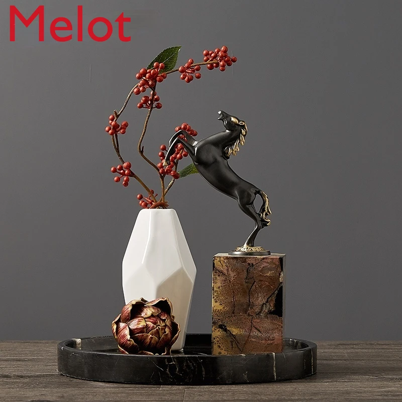 

New Chinese Style Horse Decoration Marble Foundation Copper Black Horse Decoration Home Living Room Study Decorations Quality